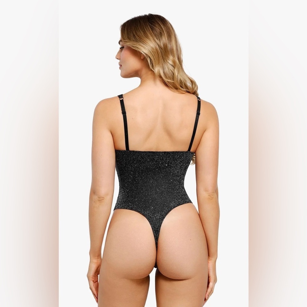 NEW POPILUSH Shapewear Ruched Metallic Knit Square Neck Slimming Bodysuit Black - Picture 4 of 9
